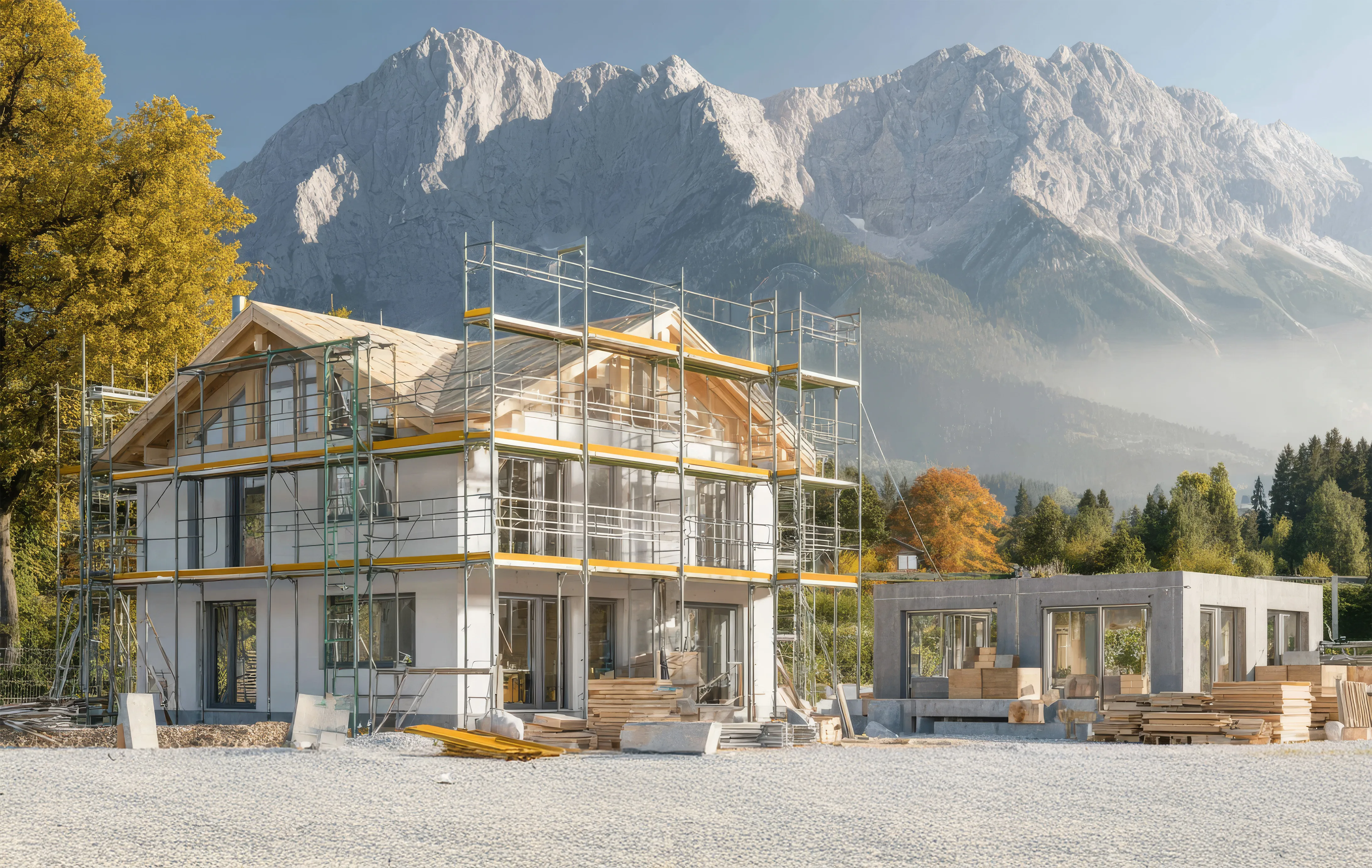 Ein modernes Haus im Bau mit Gerüst und Holzmaterialien vor einer Berglandschaft im Herbst.