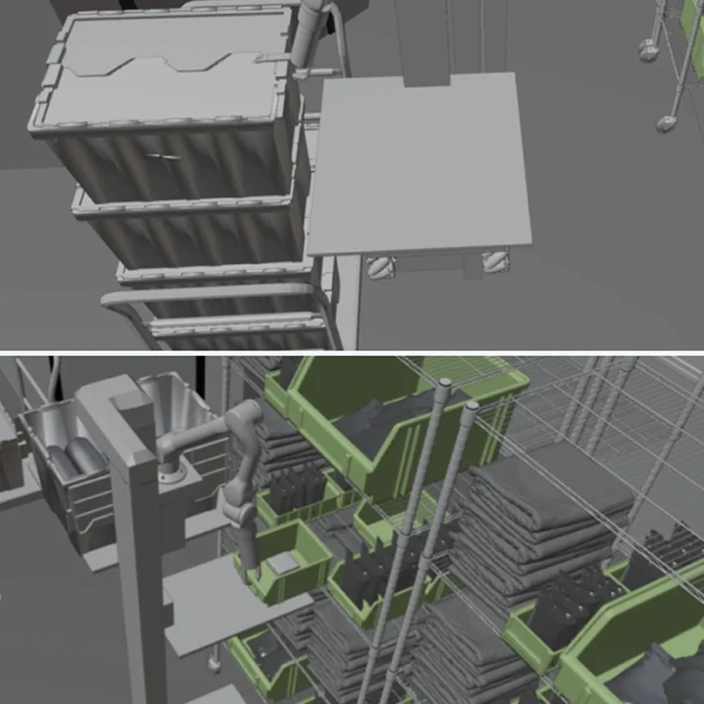 3D visualization of a robotic arm managing bins and shelves in an automated logistics system.