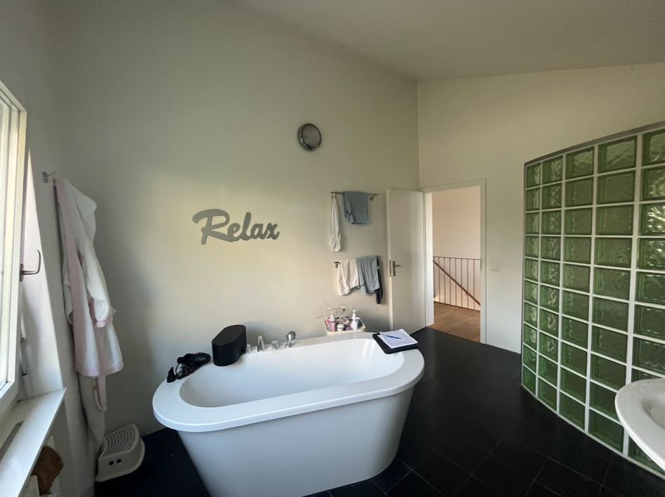 Modern bathroom with a freestanding white bathtub, wall hooks holding towels, and a green glass brick partition.