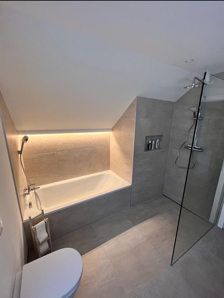 Modern bathroom with a white bathtub under a slanted ceiling, a wall-mounted shower with glass partition, and a toilet in the foreground.