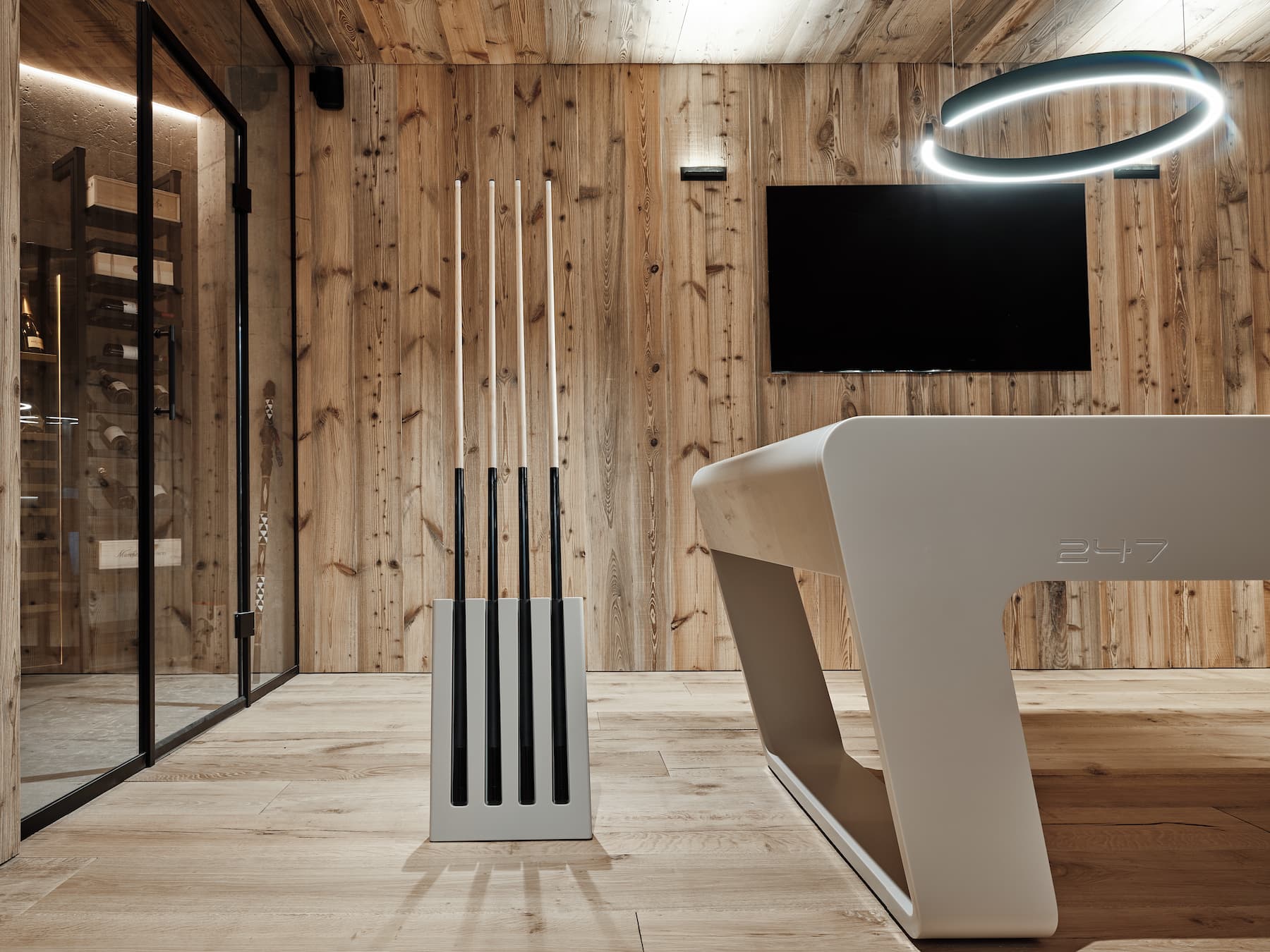 luxury designer pool table with modern cue stand