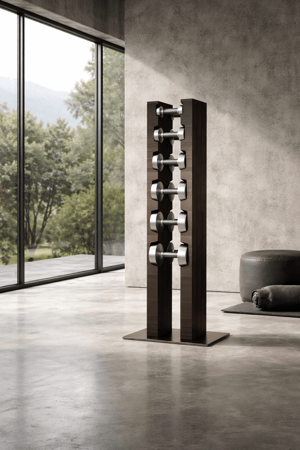 Designer Hantel im Set mit exklusivem Hantelturm aus dunkler Eiche 