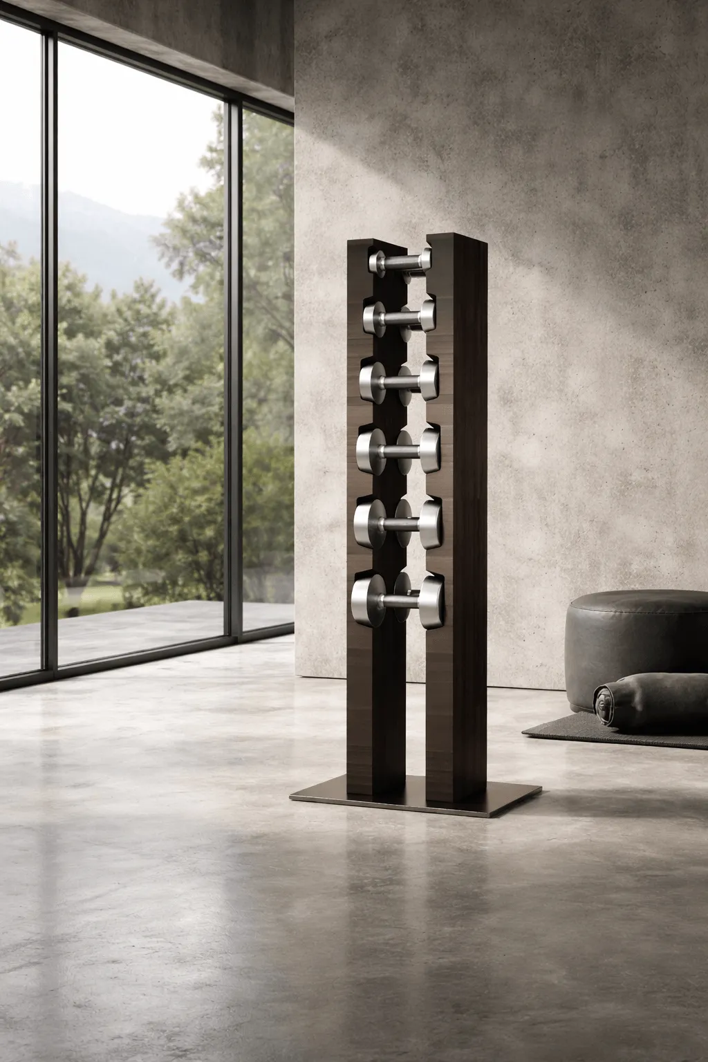 Designer Hantel im Set mit exklusivem Hantelturm aus dunkler Eiche