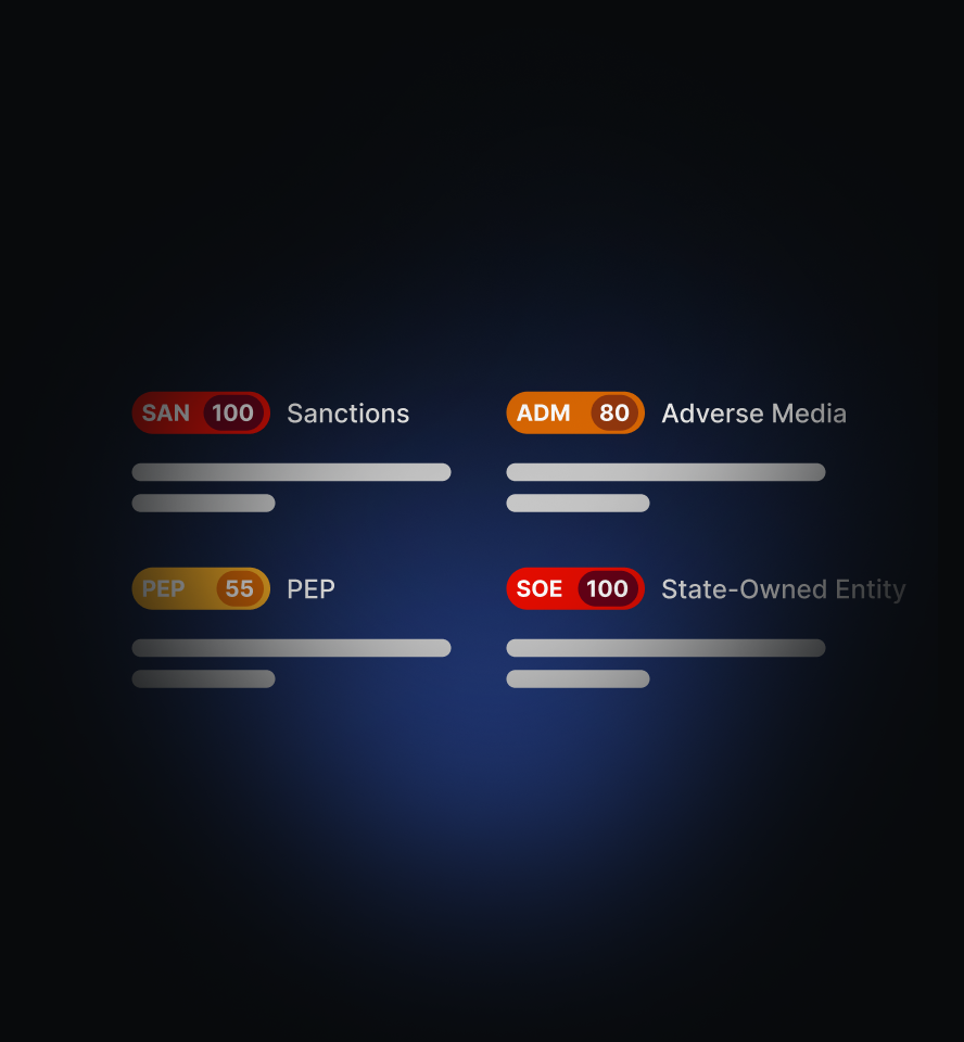 A UI modal illustrating a warning message. "Matches found: We found {x} potential matches for this eneity. View the case before deciding whether to onboard.