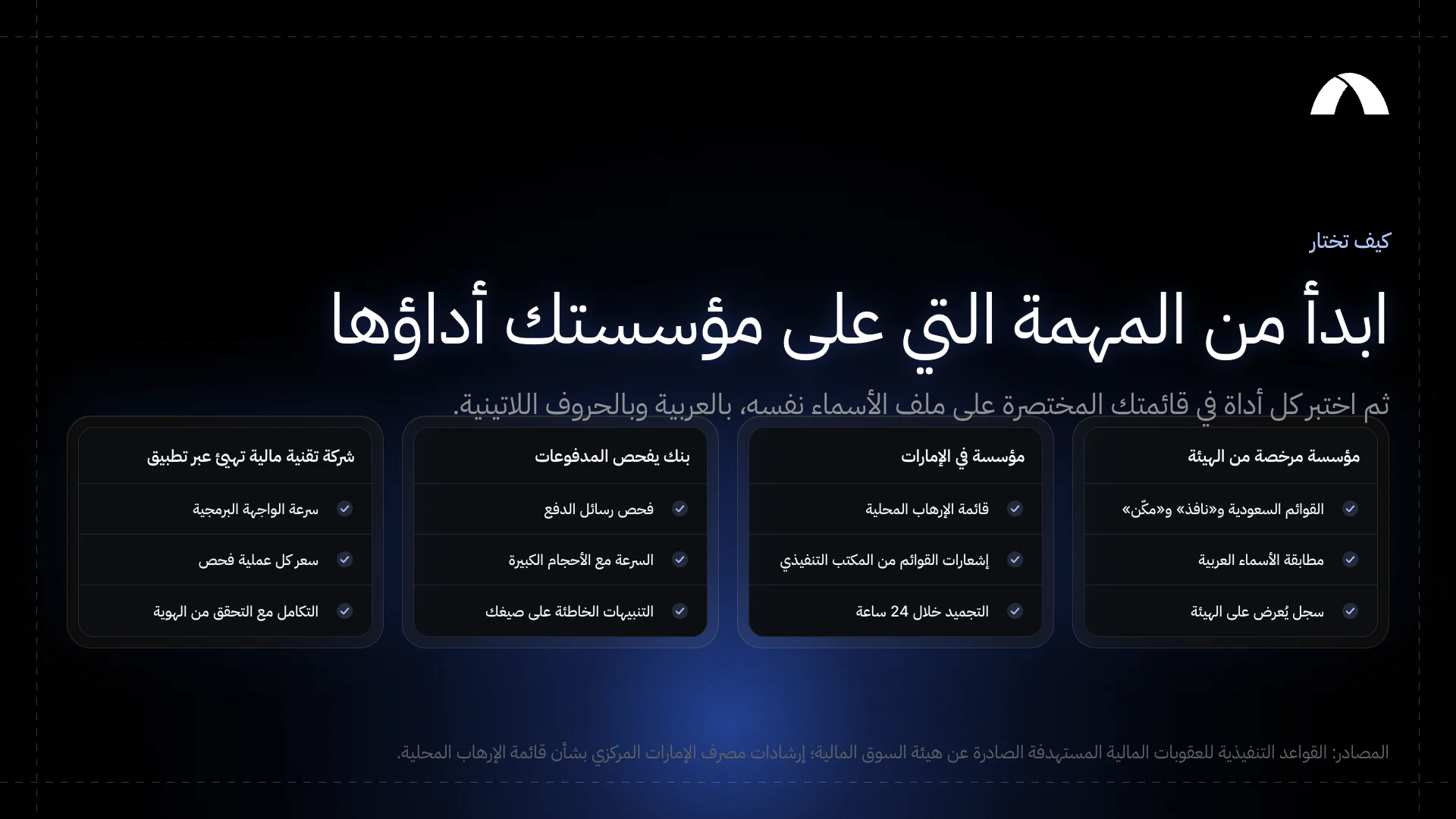 كيف تبدأ قائمتك المختصرة: مؤسسة مرخصة من هيئة السوق المالية، ومؤسسة في الإمارات، وبنك يفحص المدفوعات، وشركة تقنية مالية تهيئ عملاءها عبر تطبيق.