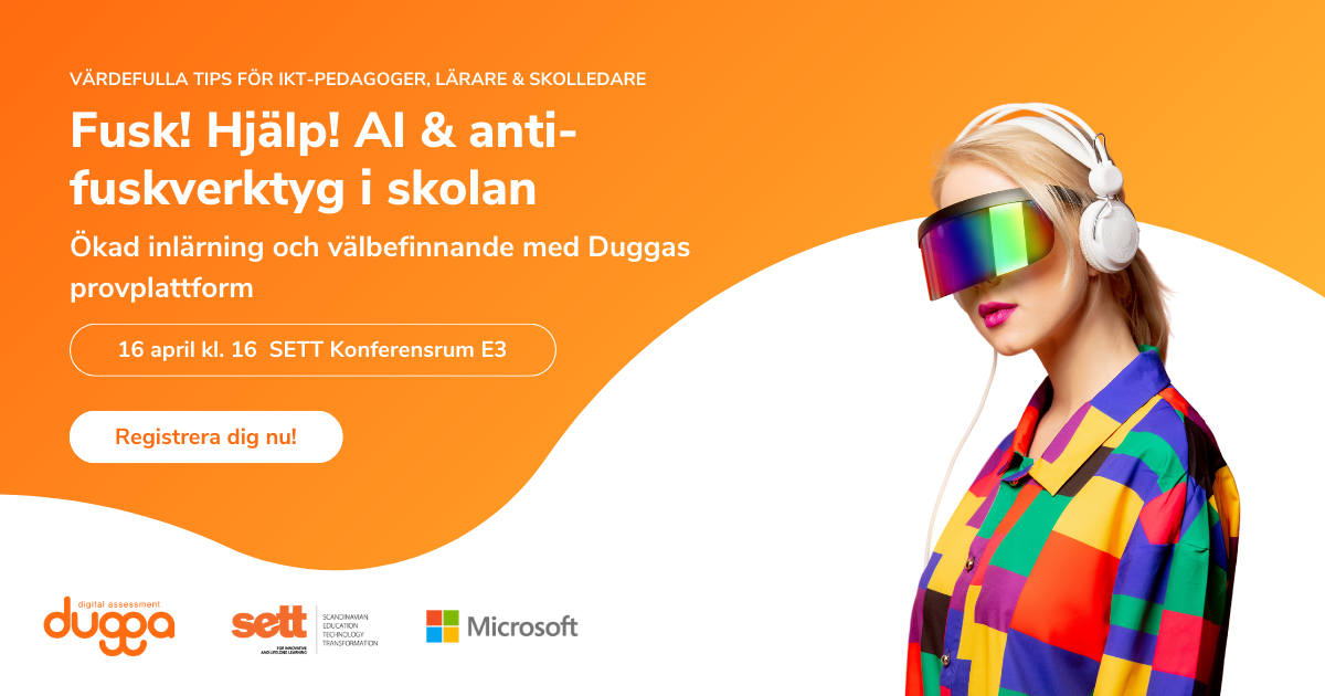 Blonde woman with futuristic visor, headphones. Ad for Dugga's AI & anti-cheating tools event with SETT, Microsoft.