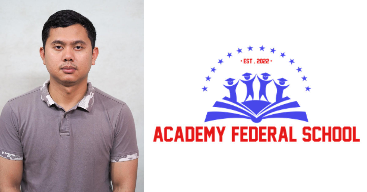 Man in grey polo shirt beside "ACADEMY FEDERAL SCHOOL" logo with students on a book and stars.