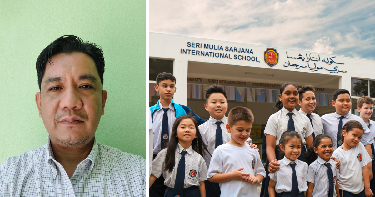 Man in checkered shirt and diverse students in uniform smiling in front of Seri Mulia Sarjana International School.