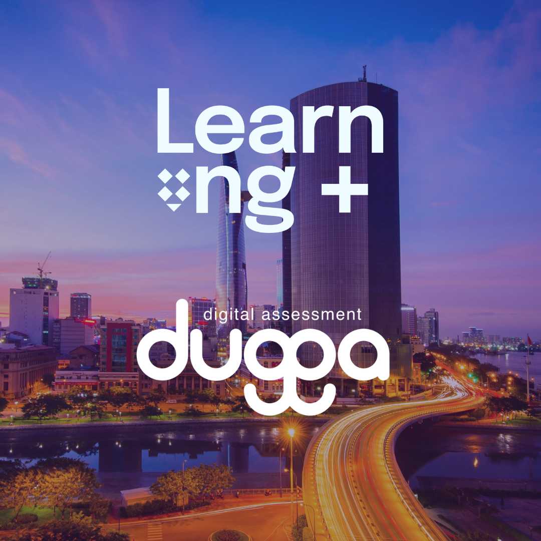 Dusk city skyline, river, and highway with light trails. Overlay text: 'Lear*ng + digital assessment dugga'.