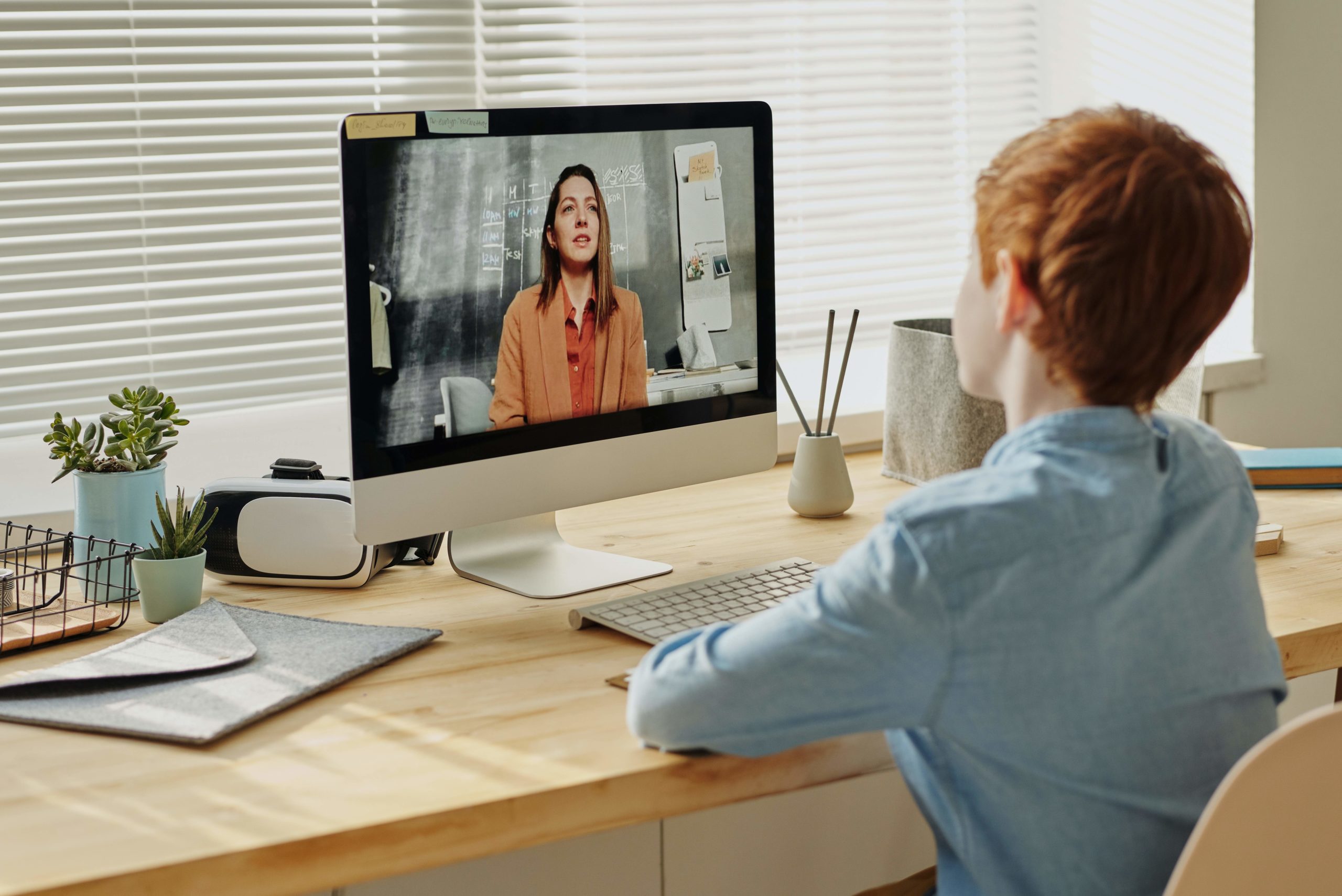 Rear view of person watching a video call with a woman on a monitor. Desk has VR headset, plants, keyboard.