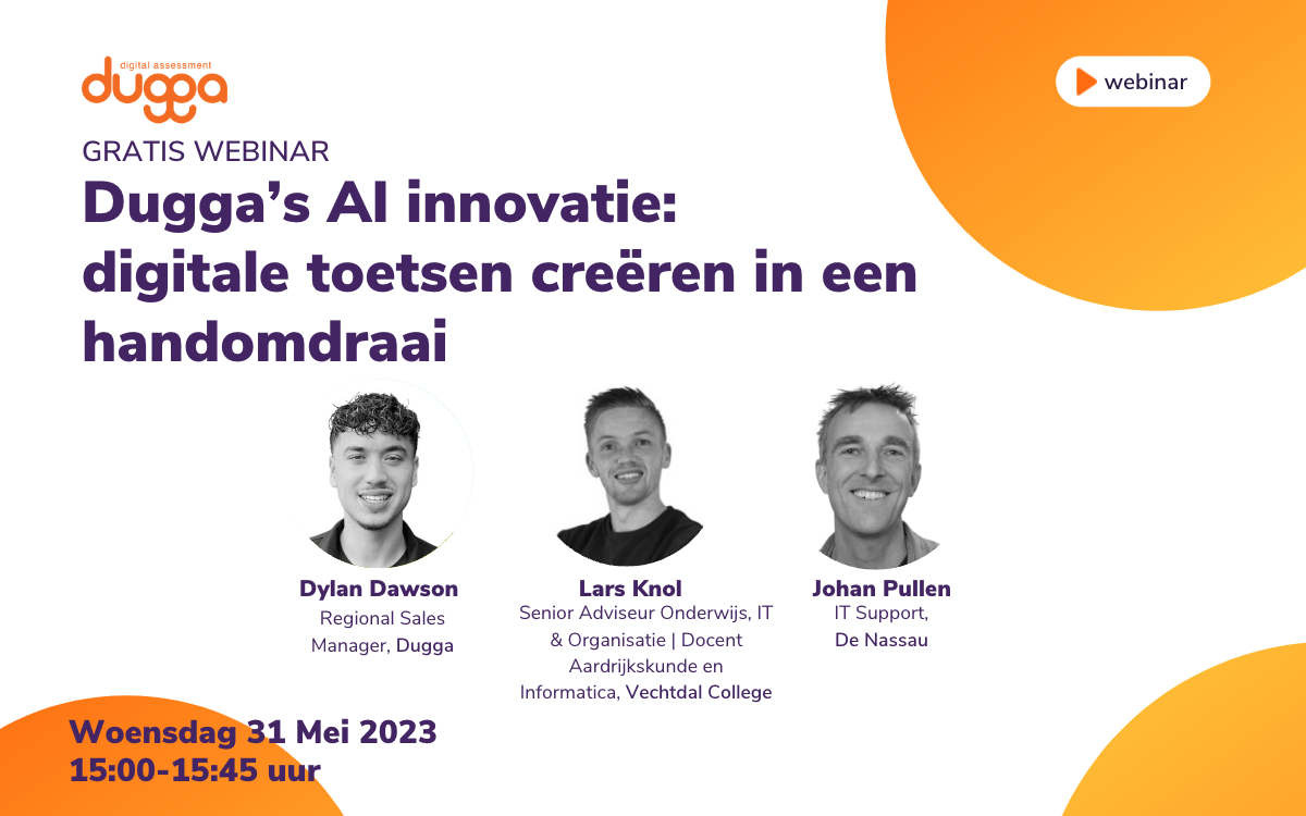 Webinar banner: Dugga's AI innovation for digital assessments, featuring three speakers. Wed 31 May 2023, 15:00.