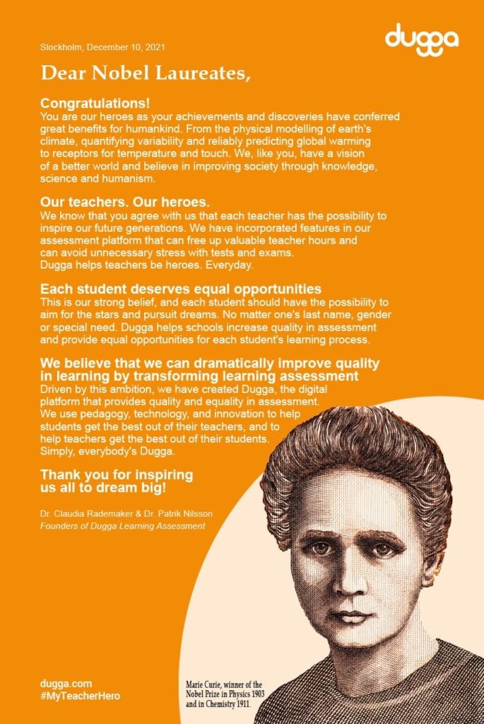 Dugga's orange letter to Nobel Laureates with text about education, featuring an illustration of Nobel Prize winner Marie Curie.