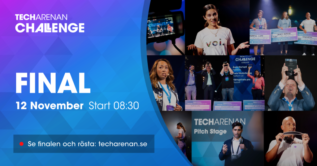 Promotional graphic for Techarenan Challenge Final on 12 Nov, 08:30, with a collage of event photos.