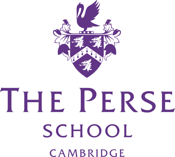 The Perse School Cambridge logo: purple crest with a pelican, shield, and text on a dark green background.