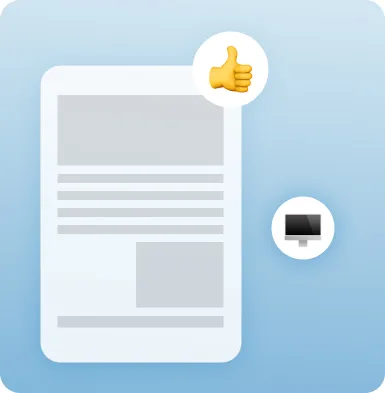 Illustration eines Dokuments mit Textblöcken, daneben Daumen-hoch-Emoji und Computer-Emoji.