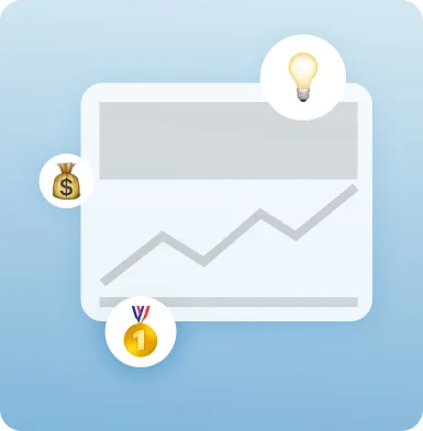 Illustration eines steigenden Diagramms, daneben ein Geldsack-Emoji, Glühbirnen-Emoji und Medaillen-Emoji.