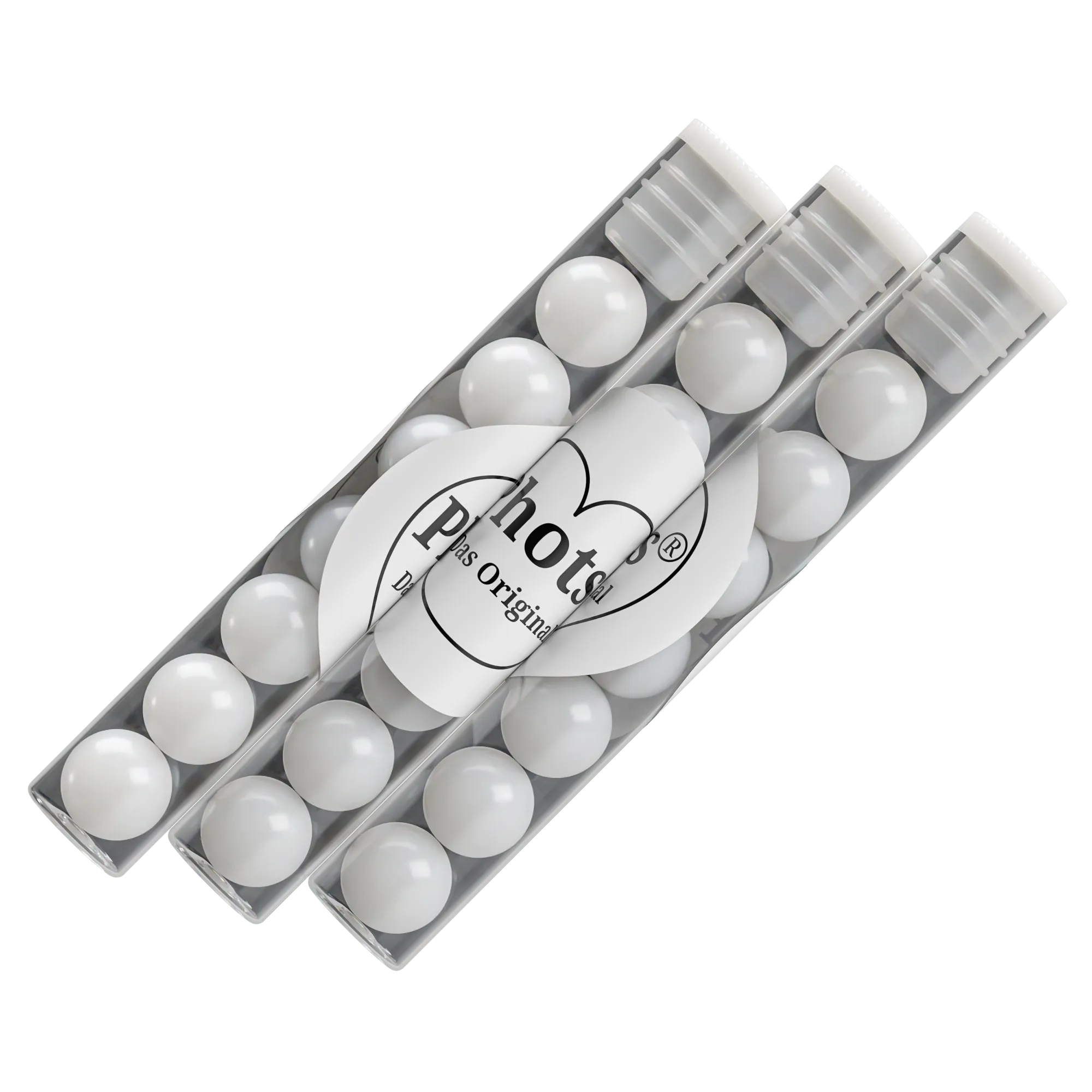 Drei durchsichtige Röhren, gefüllt mit weißen Kaugummikugeln und einer großen Kugel mit der Aufschrift "Phots" in Herzform.