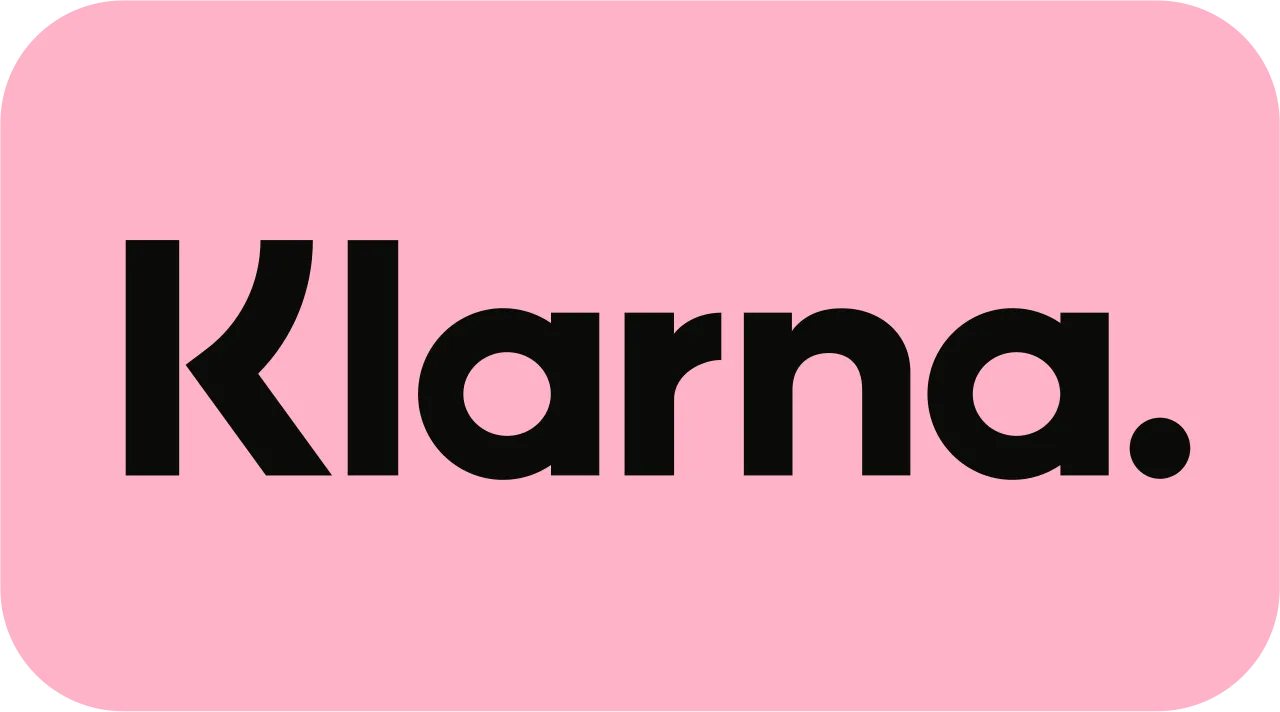 Klarna Logo auf rosa Hintergrund.