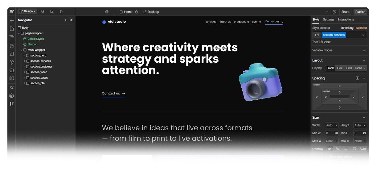 interface d'un projet webflow