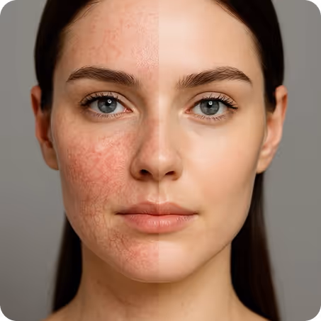 isage féminin avec rougeurs d’un côté, peau apaisée de l’autre – résultat de soin dermatologique