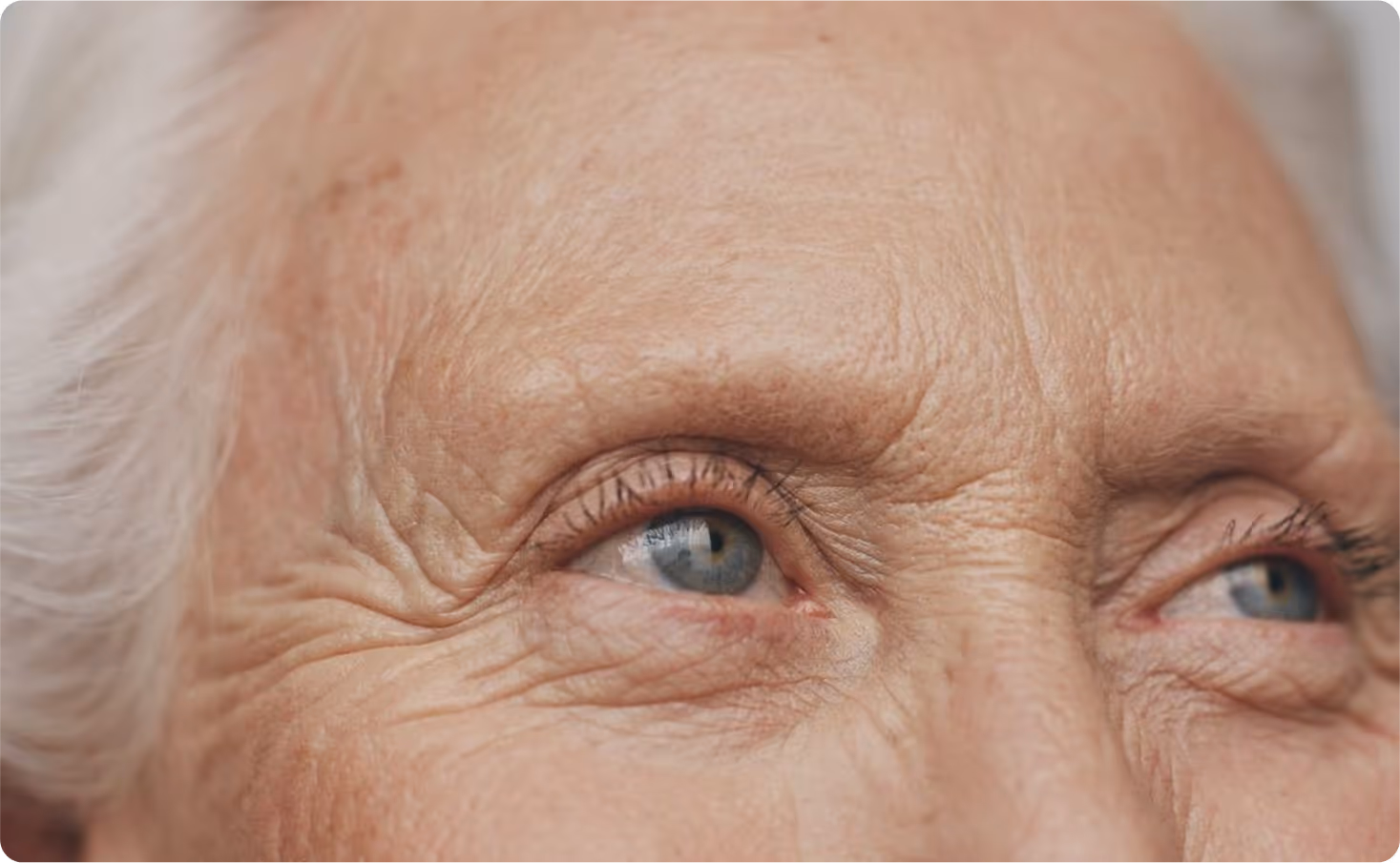 Femme âgée au regard doux, rides d’expression visibles, cheveux blancs