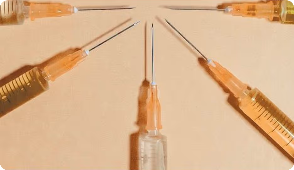 Seringues médicales convergeant vers le centre de l’image, symbolisant la précision du geste