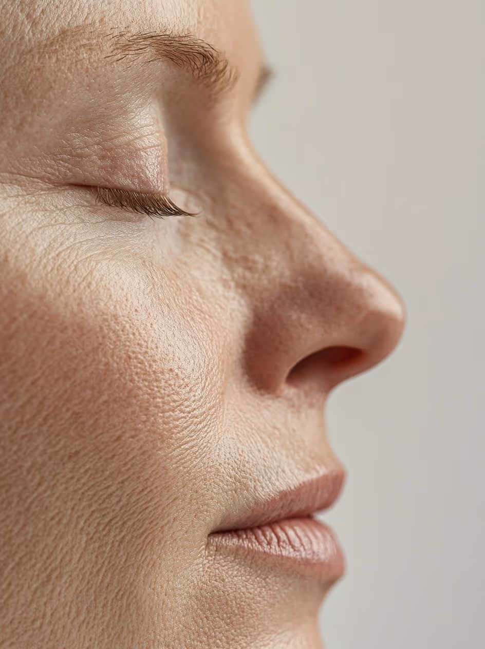 Gros plan sur un visage féminin de profil, yeux fermés, montrant une peau naturelle avec texture visible