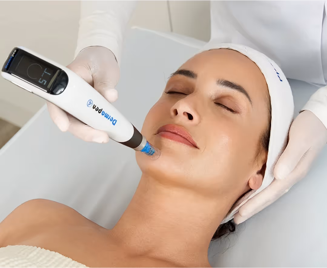 Microneedling avec Dermapen sur le visage d’une patiente