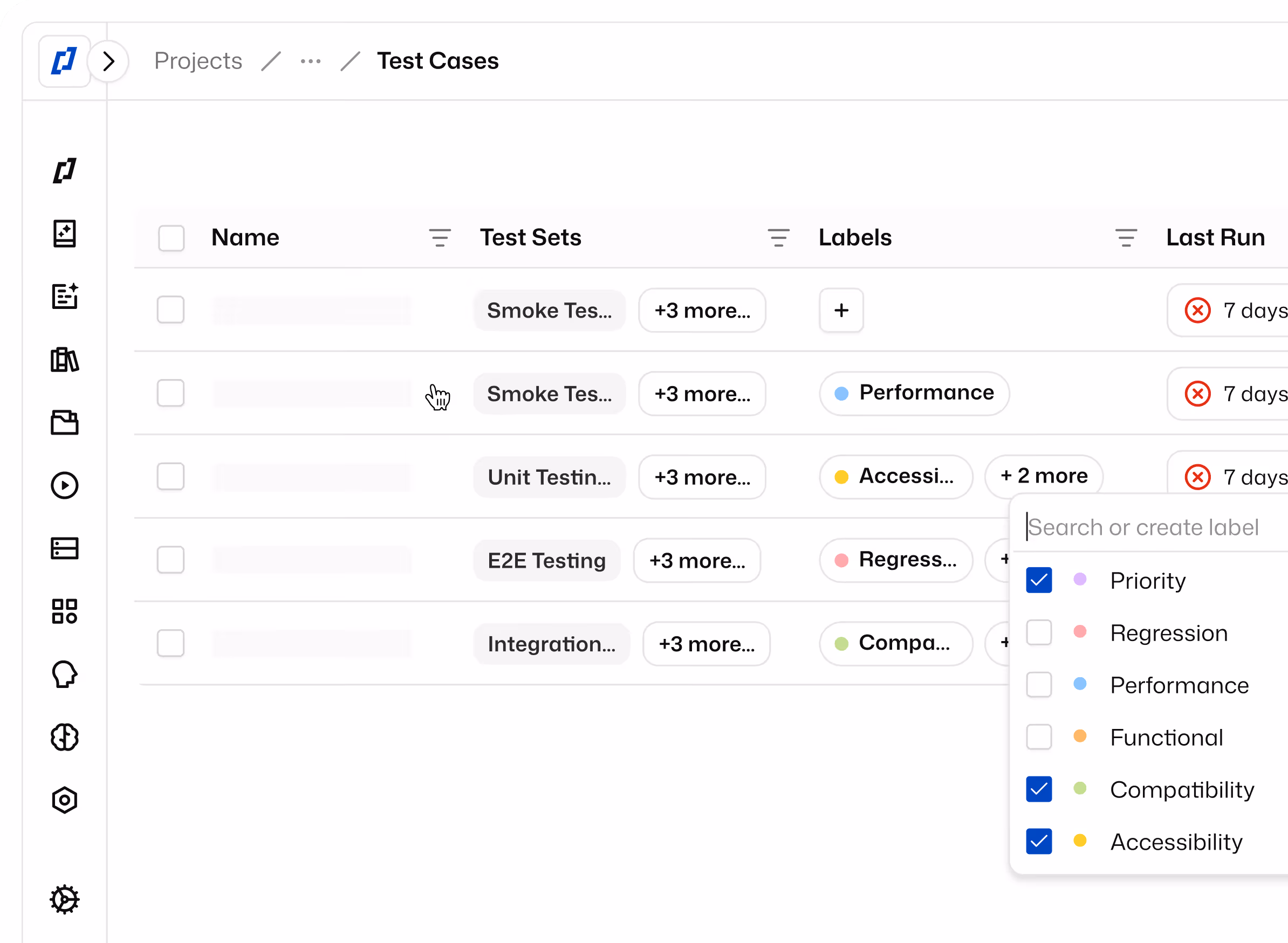 User interface of a test case management tool showing test cases list with columns for Name, Test Sets, Labels, and Last Run status, including a label filter dropdown with selectable labels like Priority, Regression, Performance, Functional, Compatibility, and Accessibility.