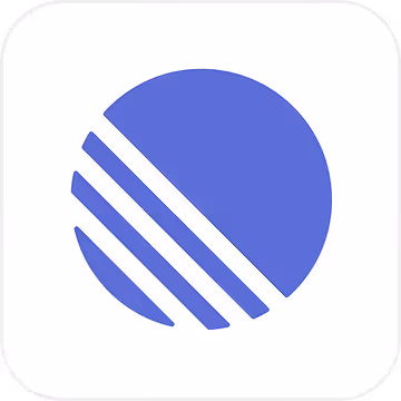 Abstract blue circle with three diagonal white stripes, resembling a modern logo.