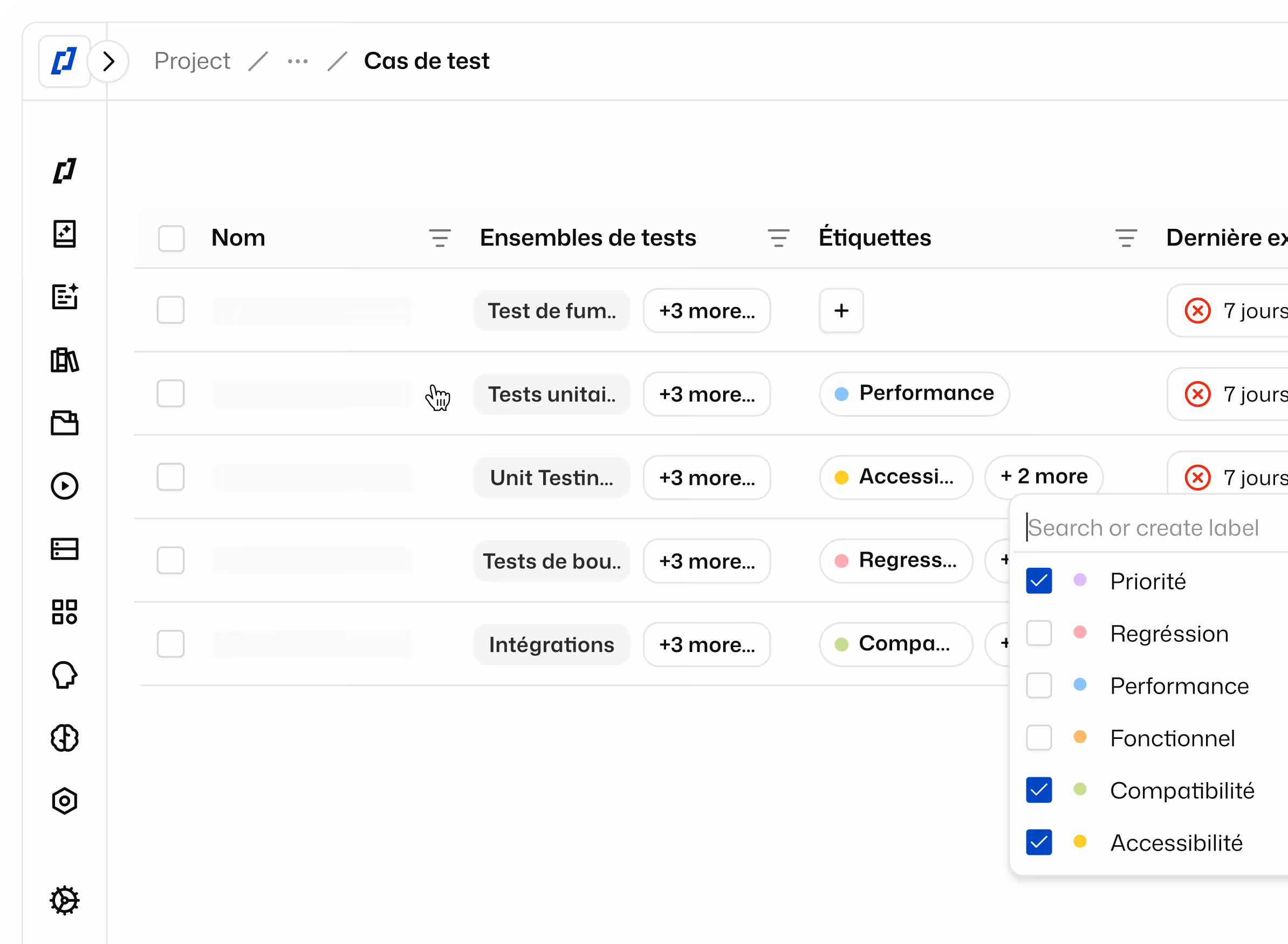 User interface of a test case management tool showing test cases list with columns for Name, Test Sets, Labels, and Last Run status, including a label filter dropdown with selectable labels like Priority, Regression, Performance, Functional, Compatibility, and Accessibility.