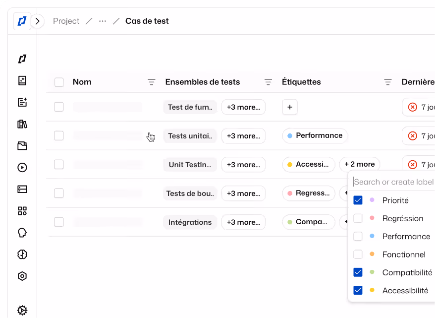 User interface of a test case management tool showing test cases list with columns for Name, Test Sets, Labels, and Last Run status, including a label filter dropdown with selectable labels like Priority, Regression, Performance, Functional, Compatibility, and Accessibility.