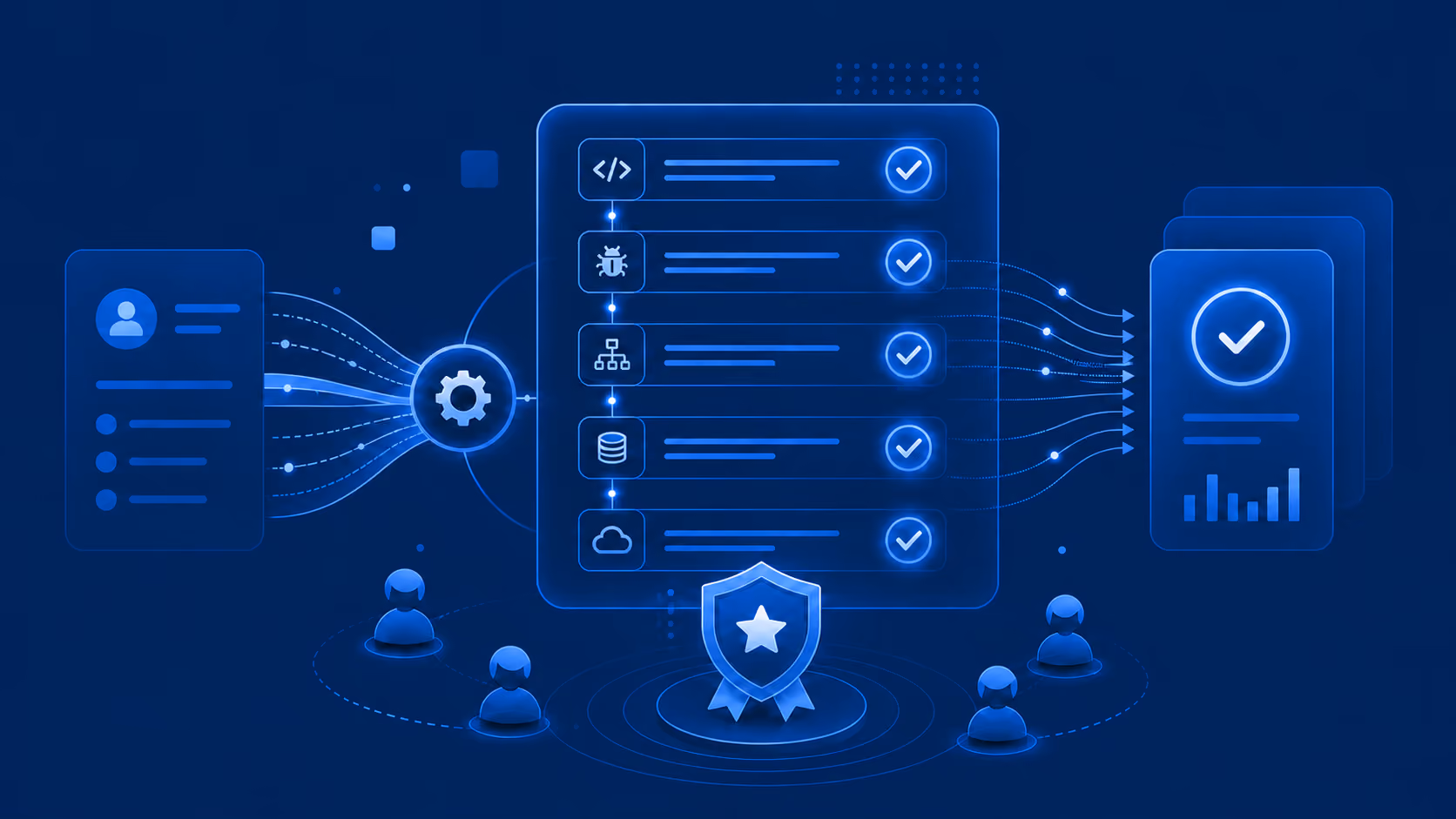 Illustration of automated e-commerce test coverage, checkout and security checks verified by certified QA specialists
