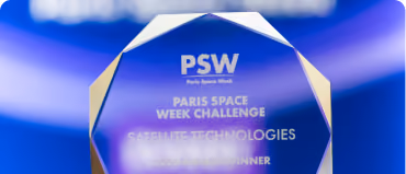 Blue translucent award plaque with text for Paris Space Week Challenge winner.
