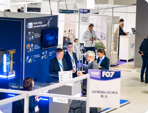 People discuss at a technology exhibition booth with equipment and informational displays.