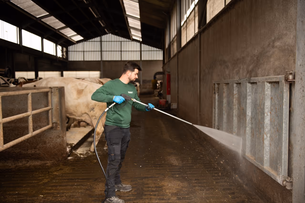 Bert cleaning a fencegate in a farm