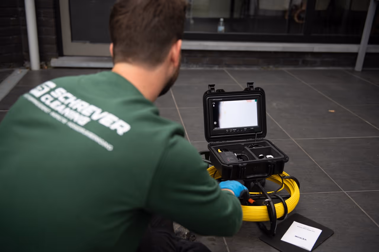 Technicus met groene trui die een gele kabel haspelt en een inspectiecamera bedient op een betegelde vloer.