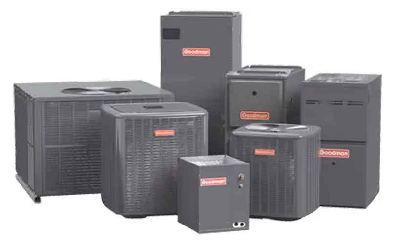 Goodman HVAC units arranged together, showcasing various models and sizes for efficient climate control solutions.