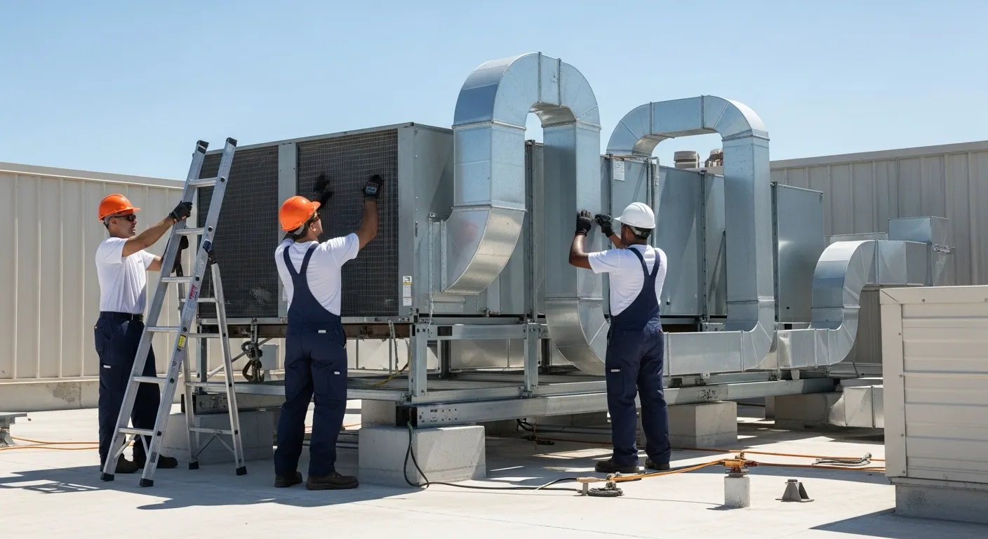 Three HVAC technicians installing a large rooftop unit and ductwork on a commercial building roof.