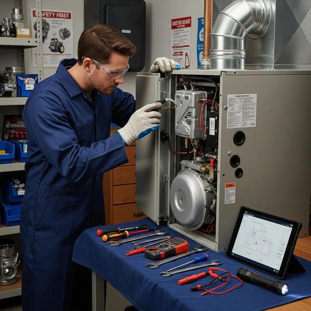 A certified technician performing a routine furnace tune-up to keep the system safe and efficient