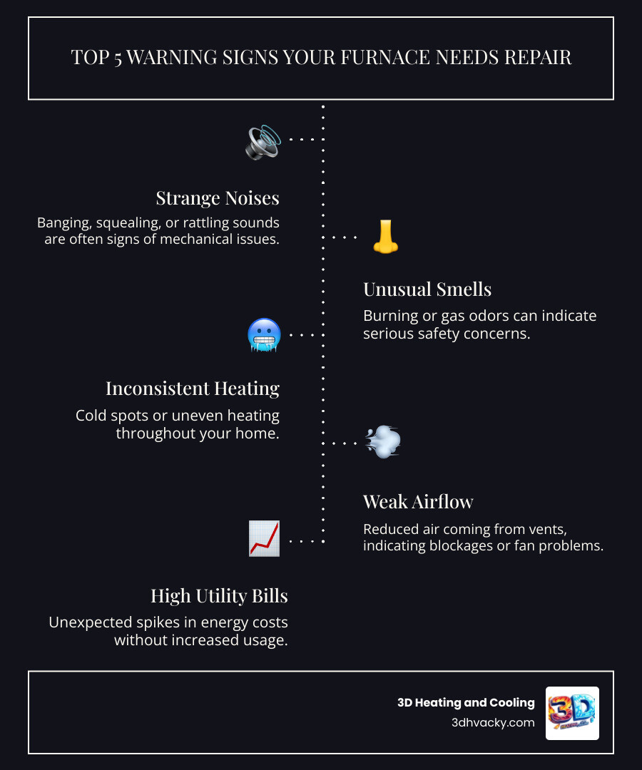 infographic showing the top 5 warning signs your furnace needs repair: unusual noises like banging or squealing, strange burning or gas smells, rooms heating unevenly or not at all, weak airflow from vents, and unexplained spikes in your heating bills - furnace repair residential in louisville, ky infographic infographic-line-5-steps-dark infographic showing the top 5 warning signs your furnace needs repair: unusual noises like banging or squealing, strange burning or gas smells, rooms heating unevenly or not at all, weak airflow from vents, and unexplained spikes in your heating bills - furnace repair residential in louisville, ky infographic infographic-line-5-steps-dark