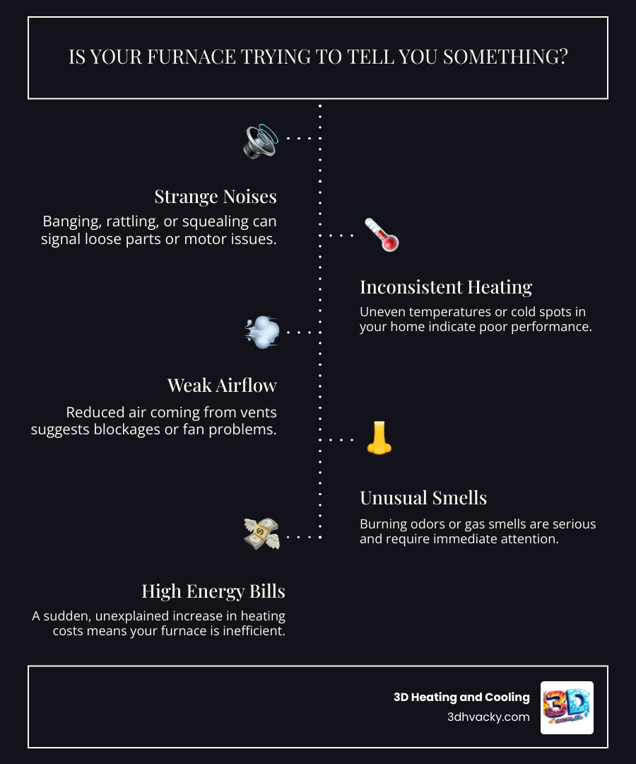 infographic showing common furnace failure warning signs including strange noises, weak airflow, inconsistent heating, unusual smells, high energy bills, and frequent cycling, with simple icons for each warning sign - furnace repair affordable in louisville, ky infographic infographic-line-5-steps-dark infographic showing common furnace failure warning signs including strange noises, weak airflow, inconsistent heating, unusual smells, high energy bills, and frequent cycling, with simple icons for each warning sign - furnace repair affordable in louisville, ky infographic infographic-line-5-steps-dark