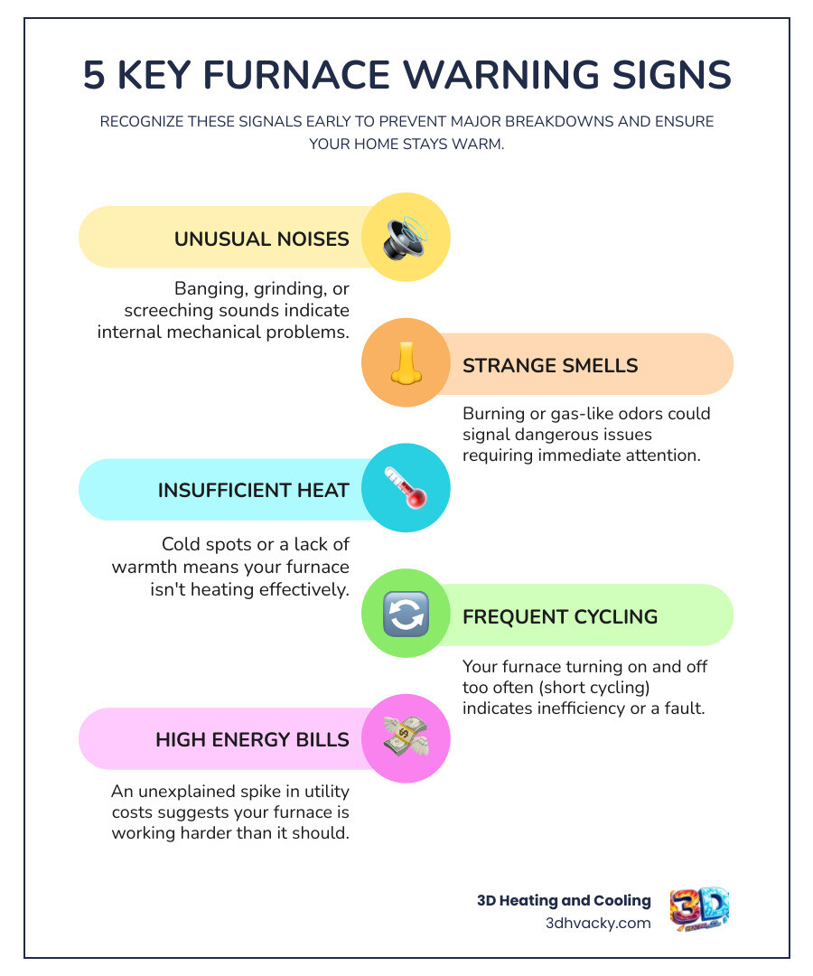 Infographic showing 5 key furnace warning signs: unusual noises like banging or grinding, strange burning or gas smells, inconsistent heating throughout the home, frequent on-off cycling, and unexplained spikes in energy bills - furnace repair best in louisville, ky infographic infographic-line-5-steps-colors Infographic showing 5 key furnace warning signs: unusual noises like banging or grinding, strange burning or gas smells, inconsistent heating throughout the home, frequent on-off cycling, and unexplained spikes in energy bills - furnace repair best in louisville, ky infographic infographic-line-5-steps-colors