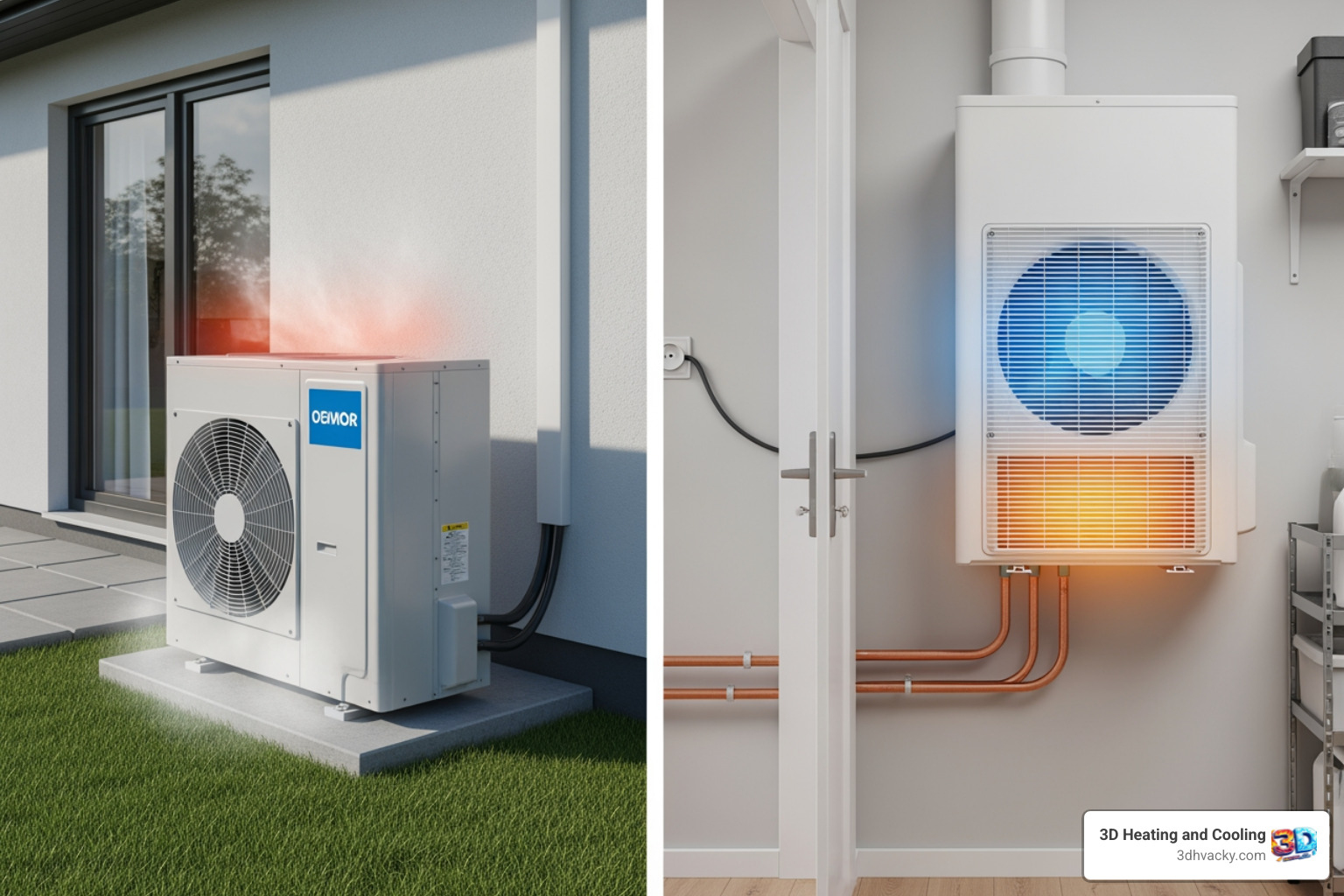 Infographic showing how heat pumps transfer heat between indoor and outdoor units for heating in winter and cooling in summer, with labeled components including outdoor unit, indoor air handler, refrigerant lines, compressor, and reversing valve, plus seasonal efficiency benefits - heat pump repair in lexington, ky