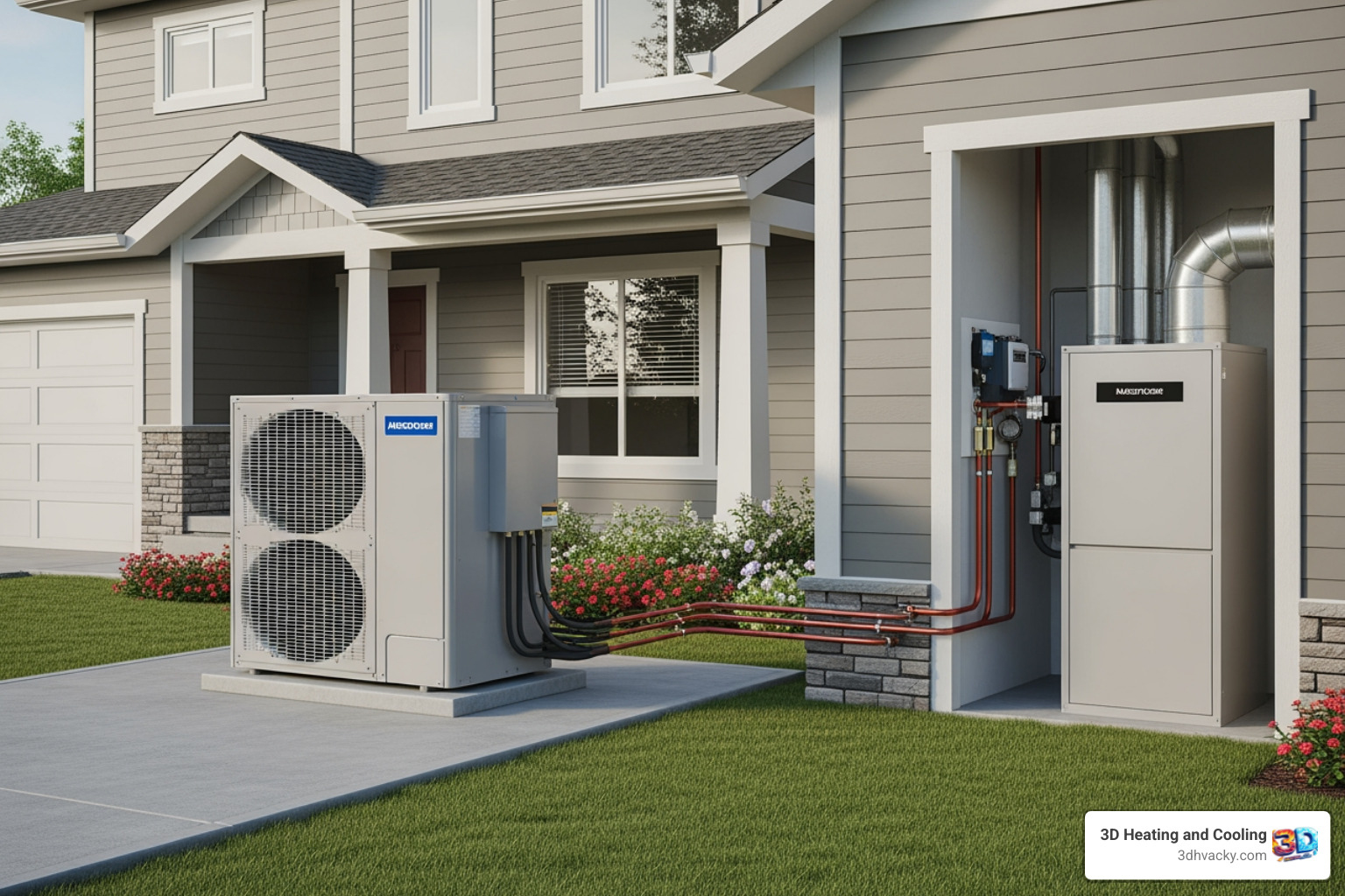 Infographic showing how heat pumps work: outdoor unit extracts heat from air using refrigerant and compressor, reversing valve switches between heating and cooling modes, indoor unit distributes conditioned air throughout home, with arrows showing heat transfer direction for both winter heating and summer cooling cycles - heat pump installation in lexington, ky