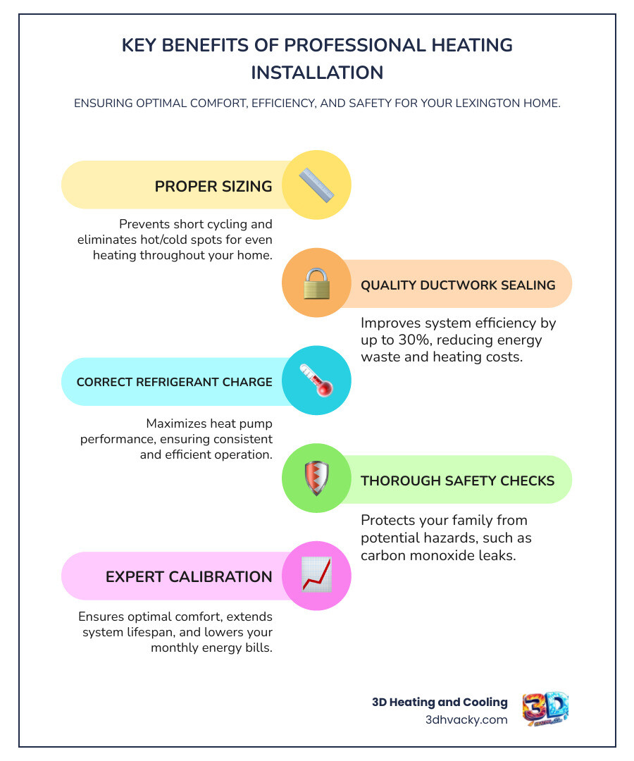 Infographic showing the key benefits of professional heating installation: proper sizing prevents short cycling and hot/cold spots, quality ductwork sealing improves efficiency by up to 30%, correct refrigerant charge maximizes heat pump performance, thorough safety checks protect your family, and expert calibration ensures optimal comfort and lower energy bills - heating installation best in lexington, ky infographic infographic-line-5-steps-colors