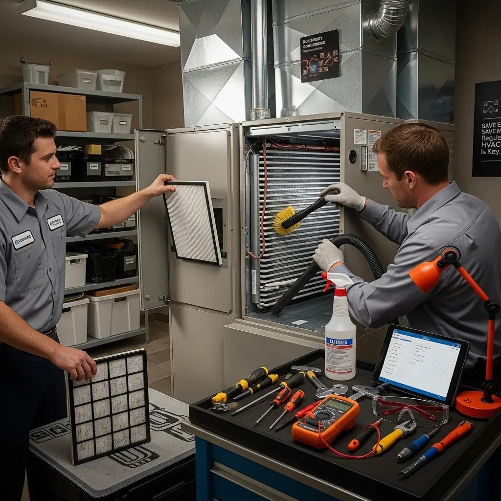 Technician replacing air filter and cleaning coils during HVAC maintenance