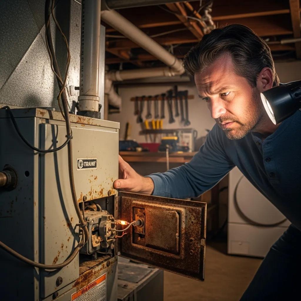 Homeowner inspecting an old HVAC unit for signs of needed upgrade