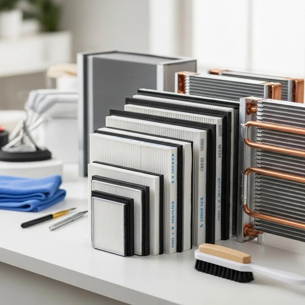 Clean HVAC components including air filters and coils on a workbench emphasizing maintenance importance