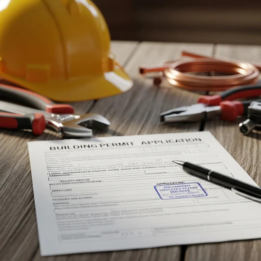 Close-up of building permit application form with HVAC tools in the background